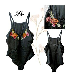 Boutique + Floral Embroidered One Piece Swimsuit 3XL Black Strappy Back Curvy